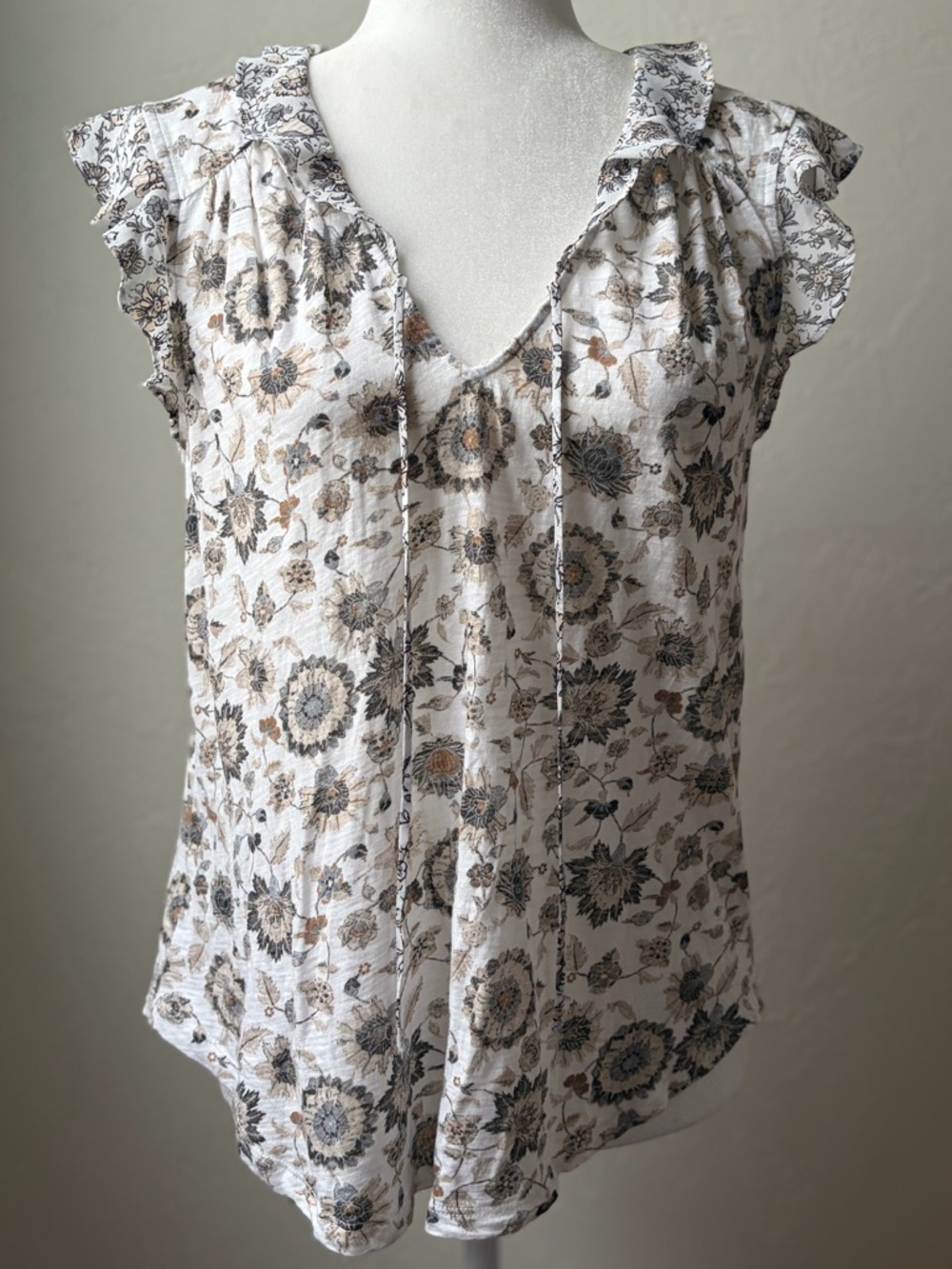 Lucky Brand Floral Ruffle Sleeve Peasant Top Cream Boho Blouse Medium